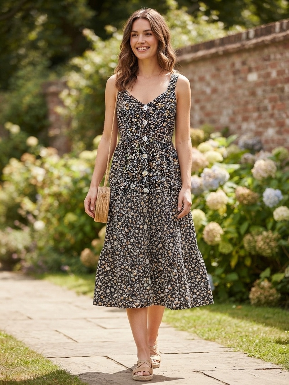 Rails Floral Button-Front Midi Dress in Black